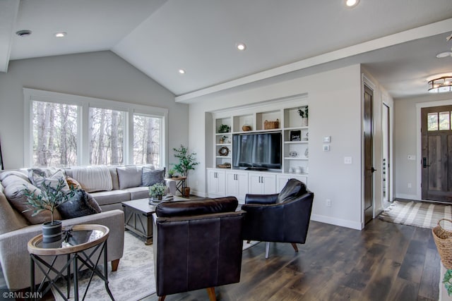 living area with baseboards, recessed lighting, wood finished floors, and lofted ceiling
