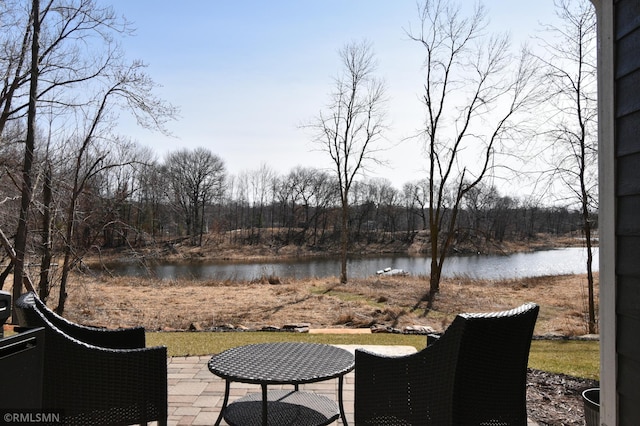 wooden deck with a patio and a water view