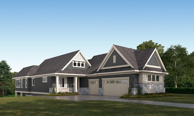 view of front of home with driveway, a front yard, stone siding, and a garage