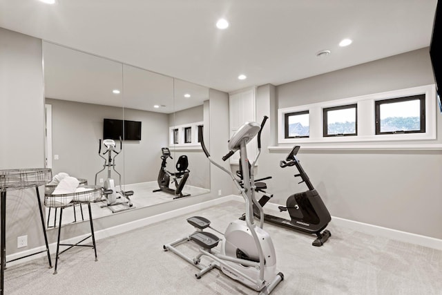 workout area featuring baseboards, carpet floors, and recessed lighting