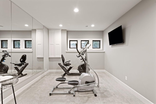 workout area with baseboards, carpet floors, and recessed lighting