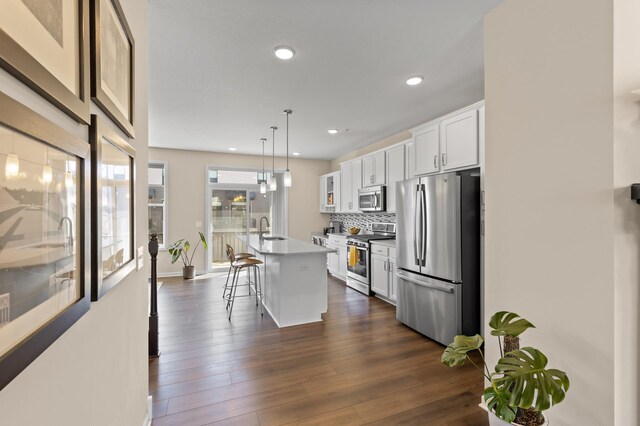 4025 River Valley Way, Eagan, MN 55122 - kitchen featuring stainless steel appliances, a breakfast bar, an island with sink, white cabinetry, and decorative backsplash