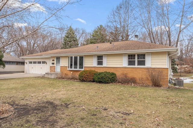 ranch-style house with an attached garage, central AC, driveway, and brick siding