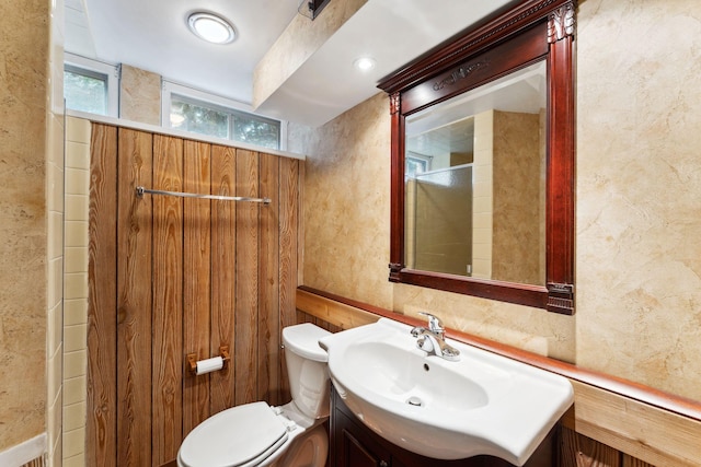bathroom featuring toilet, vanity, and walk in shower