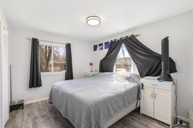 bedroom with baseboards, multiple windows, and wood finished floors