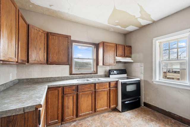 kitchen with range with electric stovetop, under cabinet range hood, brown cabinets, and tasteful backsplash