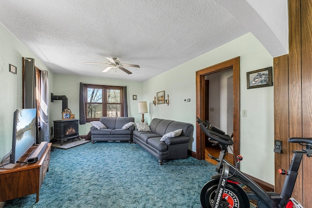 100 Stark Rd, Harris, MN 55032 - carpeted living room with a wood stove, ceiling fan, a textured ceiling, and baseboards