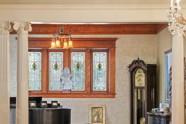 1767 Fremont Ave S, Minneapolis, MN 55403 - detailed view of wallpapered walls, a chandelier, and ornate columns
