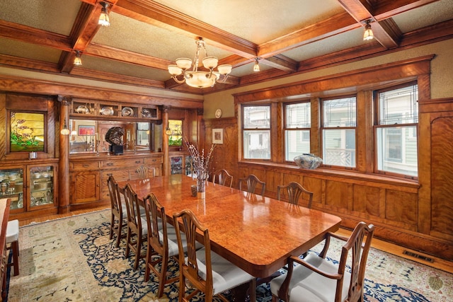 1767 Fremont Ave S, Minneapolis, MN 55403 - dining room with coffered ceiling, wood walls, a chandelier, beamed ceiling, and healthy amount of natural light