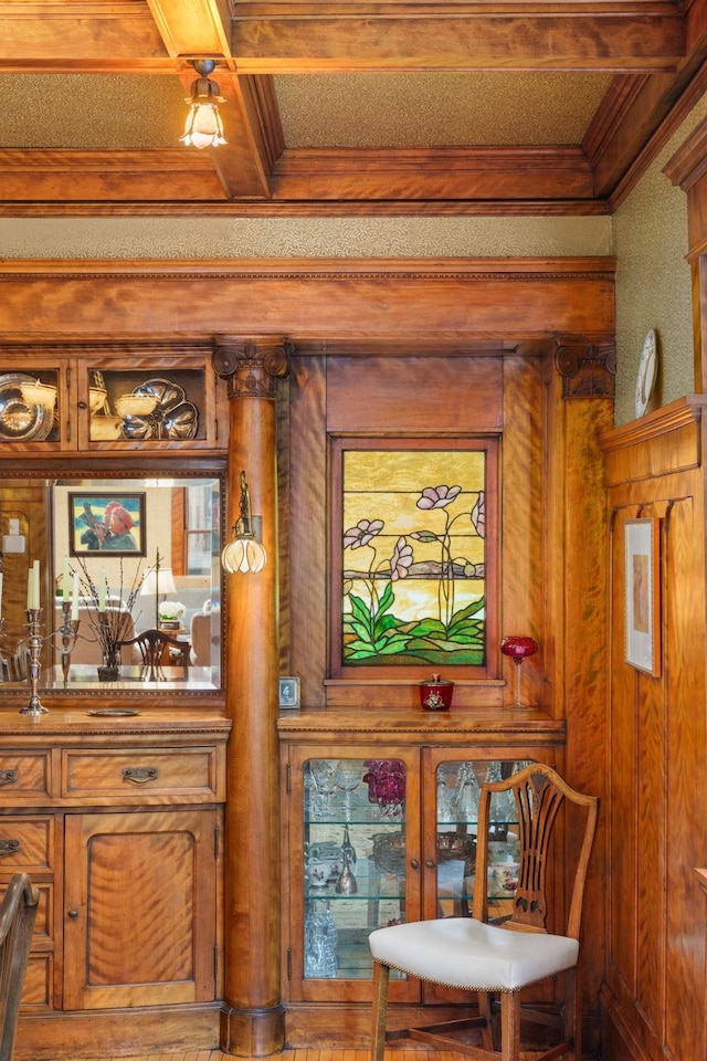 1767 Fremont Ave S, Minneapolis, MN 55403 - detailed view of crown molding, beamed ceiling, coffered ceiling, and wooden walls