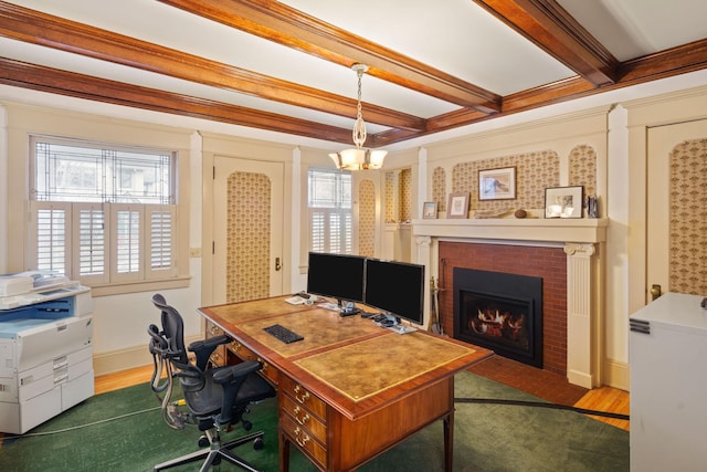 1767 Fremont Ave S, Minneapolis, MN 55403 - office area featuring a fireplace, beam ceiling, wood finished floors, and a chandelier