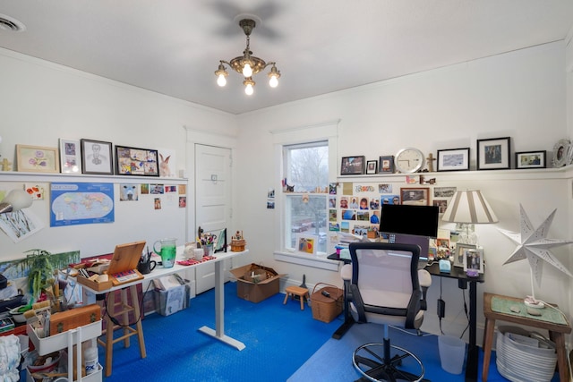 1767 Fremont Ave S, Minneapolis, MN 55403 - home office featuring carpet floors, a chandelier, and crown molding