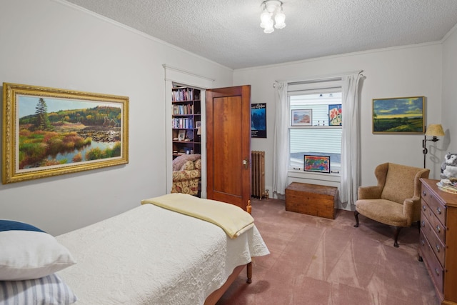 1767 Fremont Ave S, Minneapolis, MN 55403 - bedroom with radiator, a textured ceiling, carpet floors, and crown molding