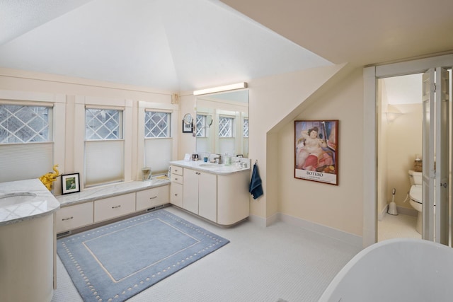1767 Fremont Ave S, Minneapolis, MN 55403 - full bathroom with a soaking tub, vanity, and lofted ceiling