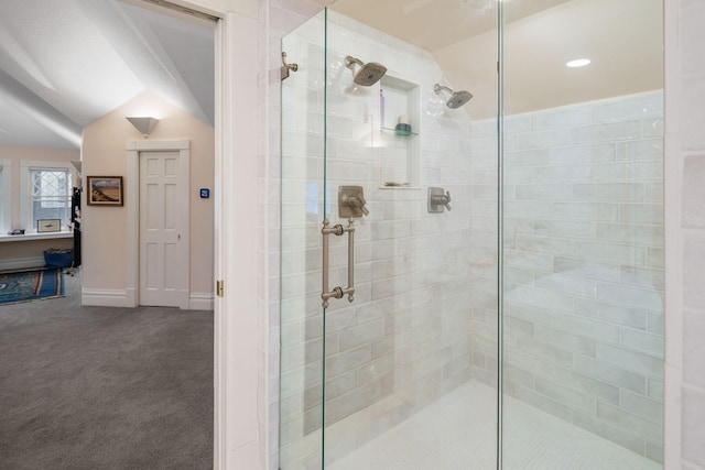 1767 Fremont Ave S, Minneapolis, MN 55403 - bathroom with vaulted ceiling and a stall shower
