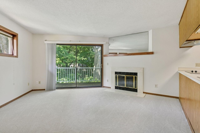 3635 Saint Francis Way Unit B, Eagan, MN 55123 - unfurnished living room featuring carpet floors, a textured ceiling, and a fireplace with flush hearth