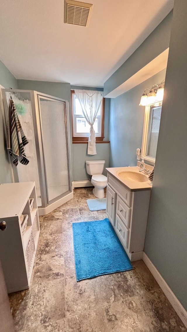 full bath with toilet, a stall shower, baseboards, and visible vents