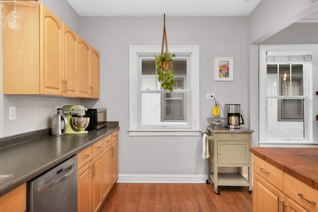 3542 Garfield Ave Unit 3, Minneapolis, MN 55408 - kitchen featuring stainless steel dishwasher, light wood finished floors, dark countertops, and light brown cabinetry