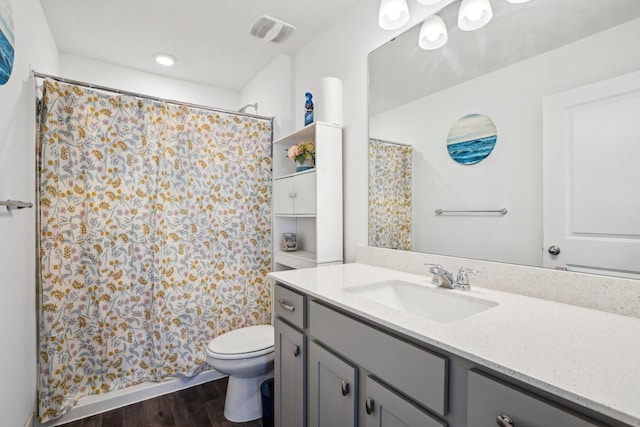 7538 Ochoa Ave NE, Otsego, MN 55330 - bathroom featuring toilet, wood finished floors, vanity, and a shower with shower curtain