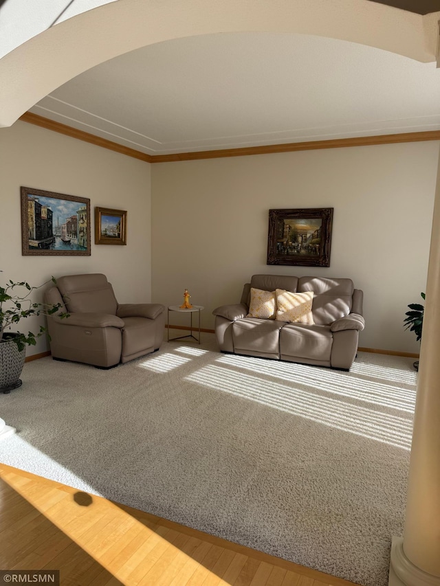 living area with wood finished floors, baseboards, and crown molding