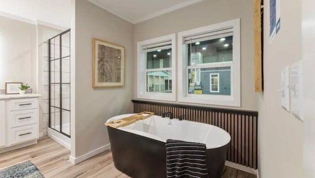 000 Pine Ave S, Sandstone, MN 55072 - full bath with wood finished floors, a shower stall, a freestanding tub, and vanity