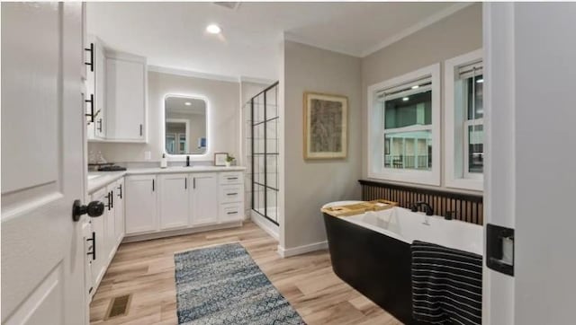 000 Pine Ave S, Sandstone, MN 55072 - full bathroom featuring vanity, a freestanding tub, a stall shower, and wood finished floors