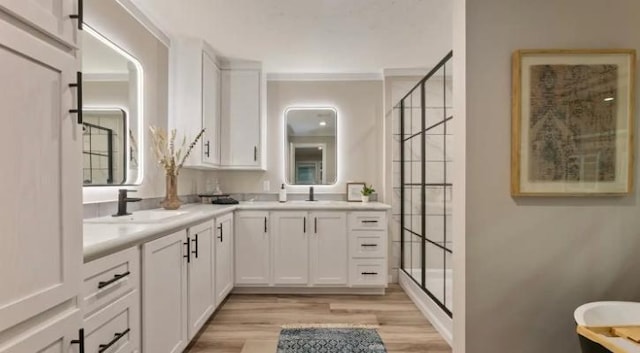 000 Pine Ave S, Sandstone, MN 55072 - bathroom featuring double vanity, wood finished floors, a stall shower, and a freestanding tub