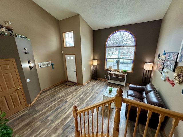 entryway featuring baseboards, lofted ceiling, and wood finished floors