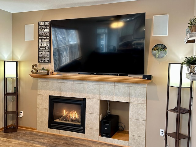 details with a fireplace, wood finished floors, and baseboards