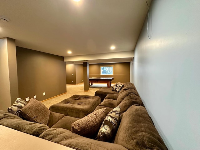 home theater with light colored carpet, baseboards, pool table, and recessed lighting