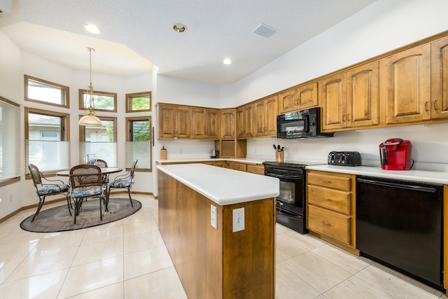 8991 Ferndale Ln, Eden Prairie, MN 55347 - kitchen featuring brown cabinetry, light tile patterned floors, light countertops, and black appliances