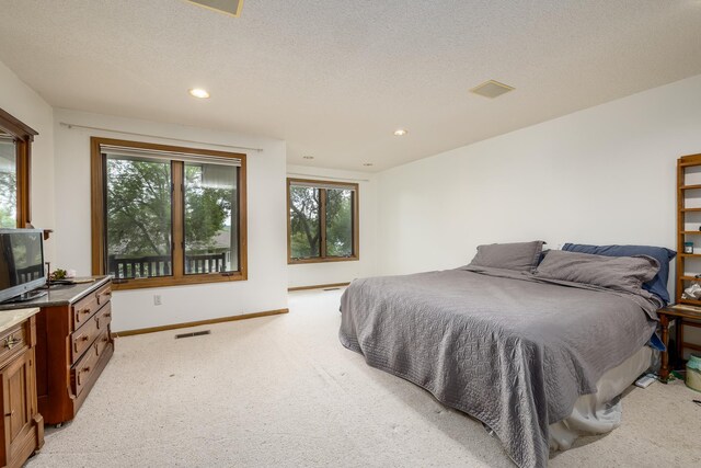 8991 Ferndale Ln, Eden Prairie, MN 55347 - bedroom featuring visible vents, baseboards, a textured ceiling, recessed lighting, and light colored carpet