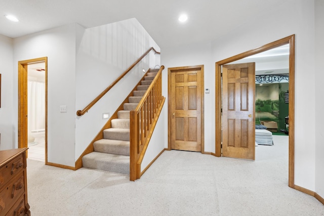 8991 Ferndale Ln, Eden Prairie, MN 55347 - stairway with carpet flooring, baseboards, and recessed lighting