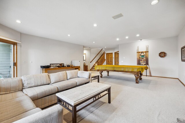 8991 Ferndale Ln, Eden Prairie, MN 55347 - living area featuring baseboards, billiards, recessed lighting, stairway, and light carpet