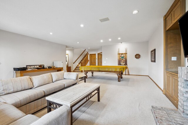 8991 Ferndale Ln, Eden Prairie, MN 55347 - living area with light colored carpet, stairway, recessed lighting, baseboards, and billiards