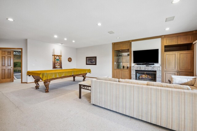 8991 Ferndale Ln, Eden Prairie, MN 55347 - recreation room with pool table, baseboards, light carpet, recessed lighting, and a brick fireplace