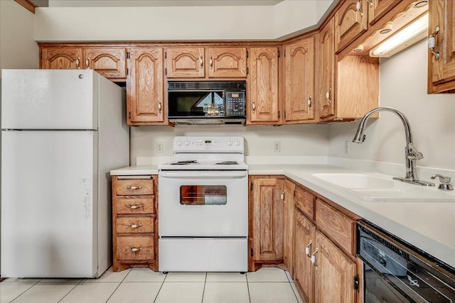 kitchen featuring a sink, brown cabinets, light tile patterned flooring, white appliances, and light countertops