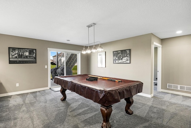recreation room featuring carpet flooring, a textured ceiling, pool table, baseboards, and visible vents