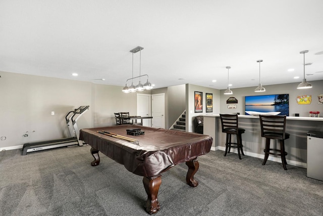 rec room featuring pool table, baseboards, a bar, carpet, and recessed lighting