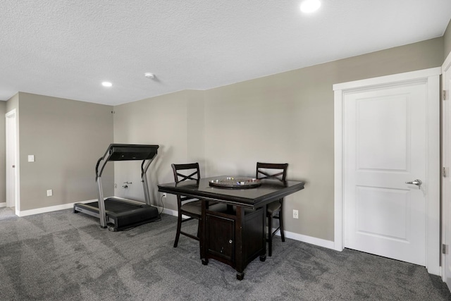 office with recessed lighting, baseboards, carpet, and a textured ceiling
