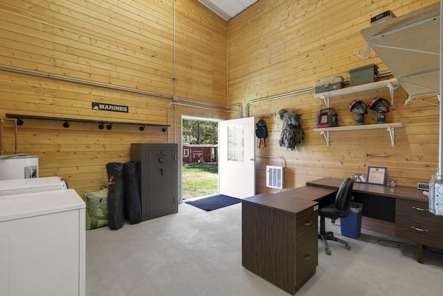 36090 Helium St NW, Wyanett Twp, MN 55371 - office with washing machine and clothes dryer, wood walls, a towering ceiling, light carpet, and water heater
