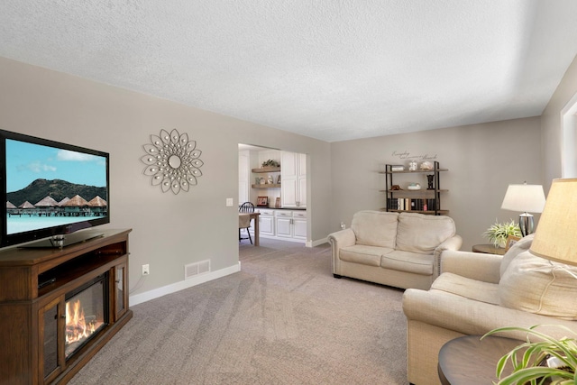 36090 Helium St NW, Wyanett Twp, MN 55371 - living room with a textured ceiling, light colored carpet, and a glass covered fireplace
