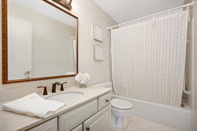 bathroom with tile patterned flooring, toilet, vanity, and shower / bath combination with curtain