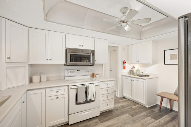 kitchen featuring a tray ceiling, appliances with stainless steel finishes, and white cabinets