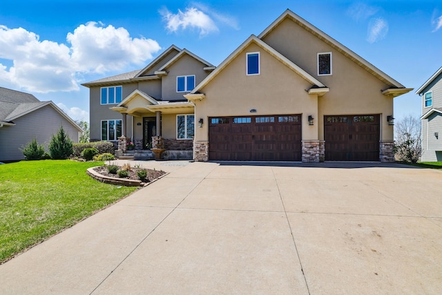 view of front facade featuring concrete driveway, a front lawn, stone siding, and stucco siding