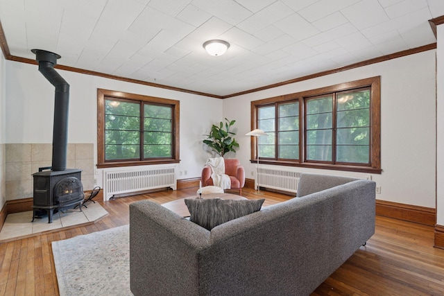 491 Burlington Rd, Saint Paul, MN 55119 - living room featuring radiator heating unit, ornamental molding, a wood stove, and wood-type flooring