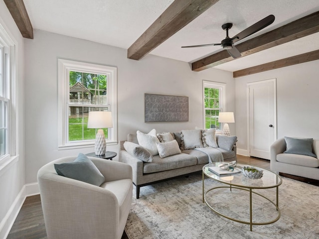 5048 Kent Ave, Edina, MN 55436 - living room featuring wood finished floors, healthy amount of natural light, beamed ceiling, and ceiling fan