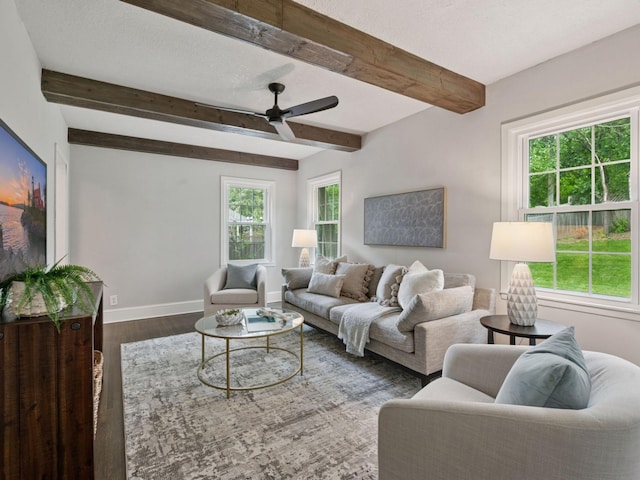5048 Kent Ave, Edina, MN 55436 - living room with wood finished floors, ceiling fan, and beamed ceiling