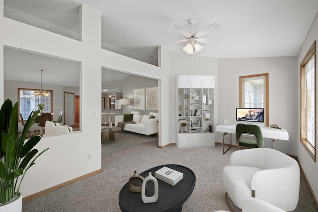 8569 Telford Ln N, Brooklyn Park, MN 55443 - living area with carpet floors, baseboards, a chandelier, and ceiling fan