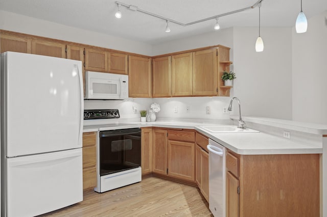 8569 Telford Ln N, Brooklyn Park, MN 55443 - kitchen with white appliances, a sink, a peninsula, open shelves, and light countertops